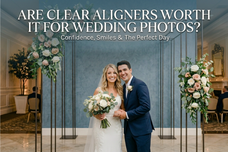 A smiling bride and groom stand before a bluish wall.