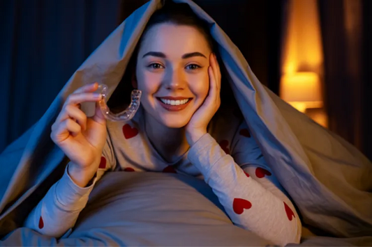 A girl holding a night guard in bed 