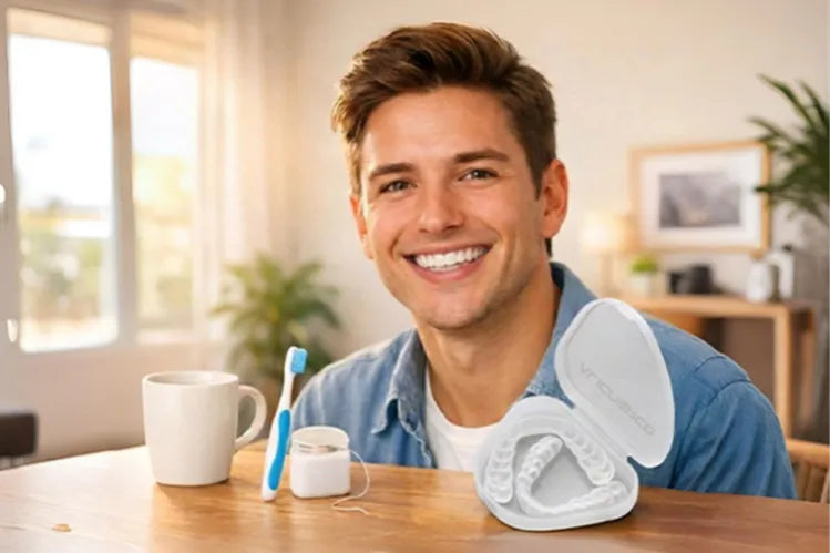 Smiling young adult wearing clear aligners with toothbrush, floss, and aligner case on table.