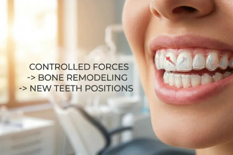 A close-up of a person smiling in clear aligners, with text to the left detailing the process of teeth movement.