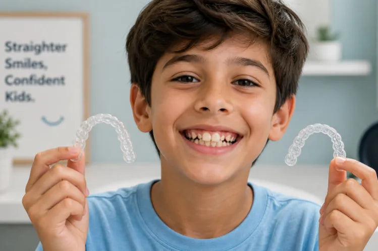 A kid with crowded teeth holding aligners
