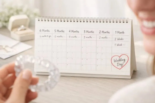 Calculating wedding expenses with ALIGNERCO clear aligners and a budget planner on the table.