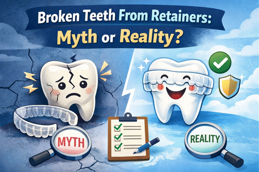 Cartoonized side-by-side illustration of a broken tooth and a strong tooth from a retainer