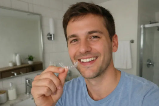  A boy holding clear aligners and showing his confident smile