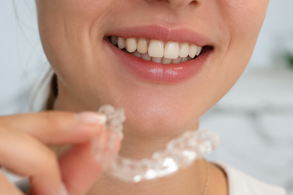 A woman holding aligners with fake teeth 