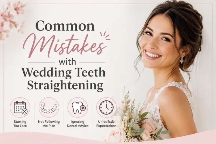  Bride smiling infographic on common wedding teeth straightening mistakes.