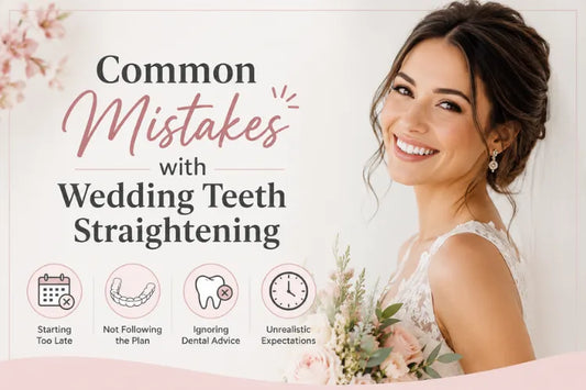  Bride smiling infographic on common wedding teeth straightening mistakes.
