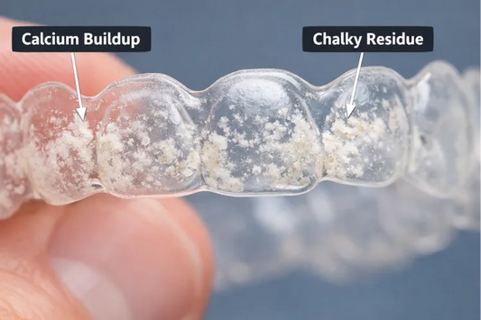 A close-up of calcium buildup on a night guard 