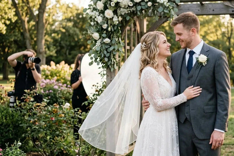 A smiling couple posing on their wedding day.