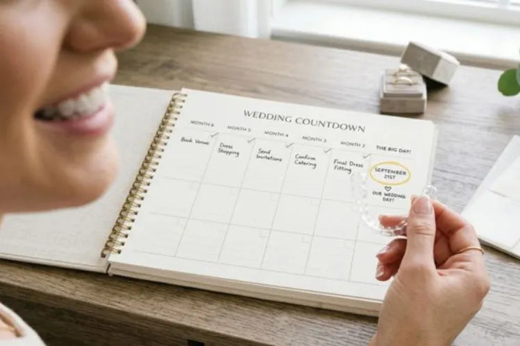  A person holding a transparent, clear aligner over a wedding countdown calendar. 