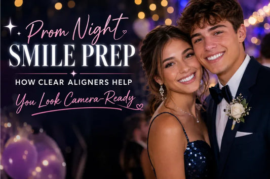 Smiling prom couple showcasing perfect teeth achieved with clear aligners.