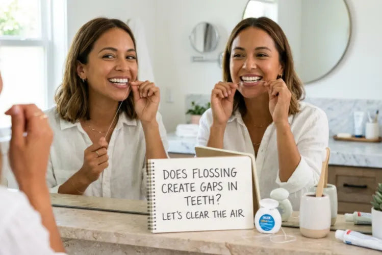  An image shows a girl flossing in front of a mirror
