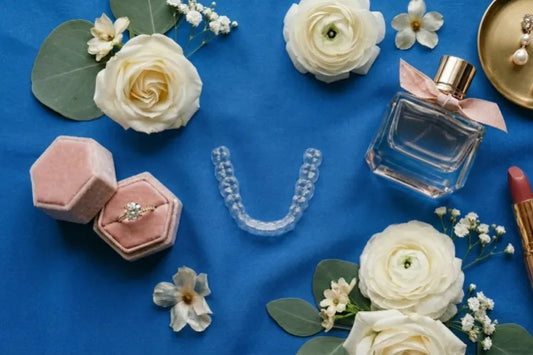  A top-down flat lay featuring clear aligners, a diamond ring, and beauty products.