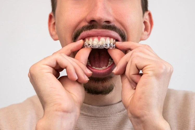 A man is putting on a retainer