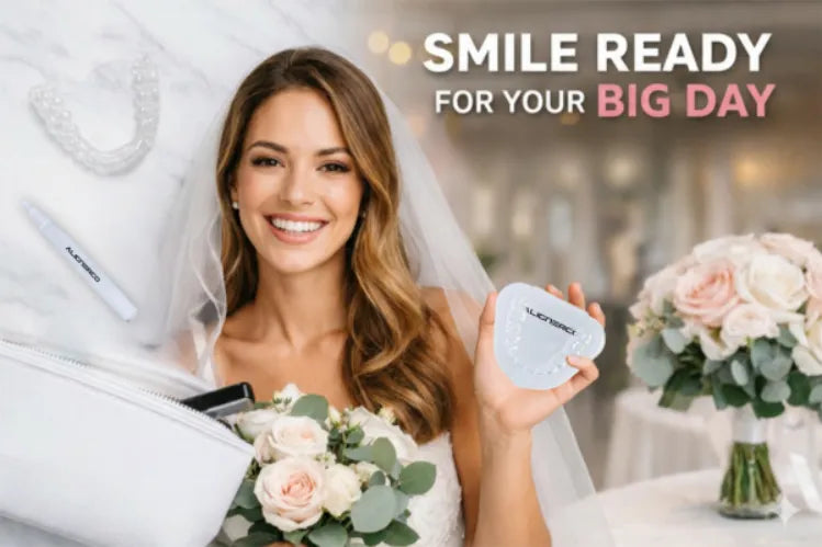 Bride holding ALIGNERCO clear aligners and bouquet, smiling confidently.