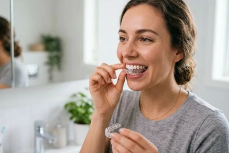  A woman in a bright, modern bathroom as she removes clear plastic aligners from her teeth.
