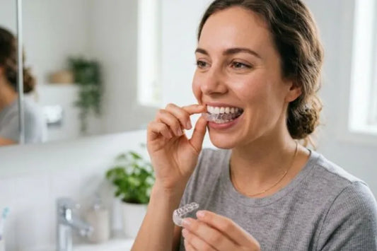  A woman in a bright, modern bathroom as she removes clear plastic aligners from her teeth.