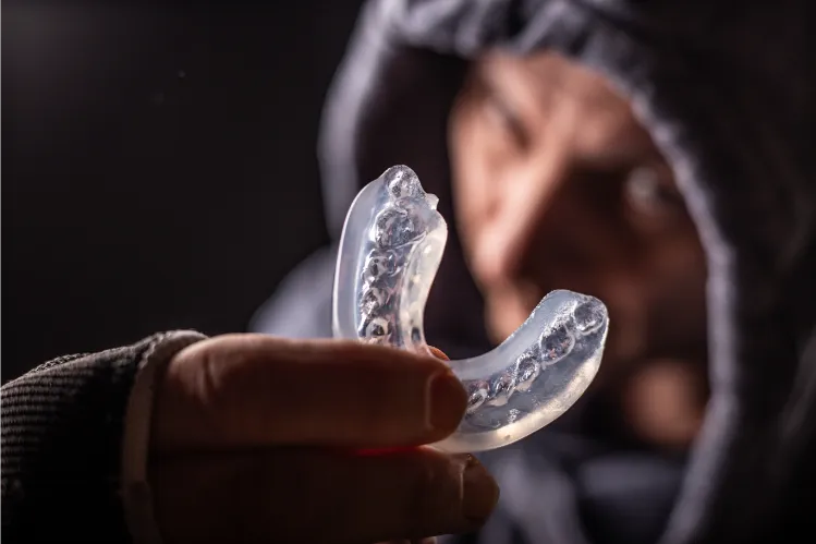  An athlete holding a mouthguard 