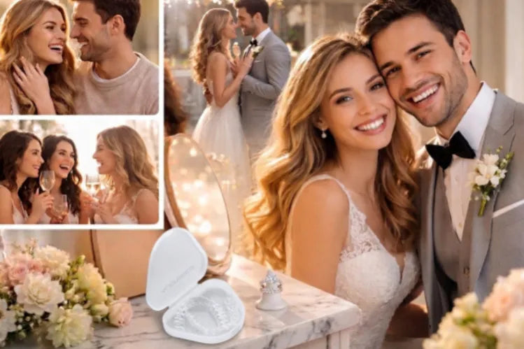 An image shows the bride and groom showing their perfect smile with ALIGNERCO Clear Aligners