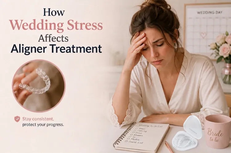  Stressed bride managing aligner treatment during wedding preparations