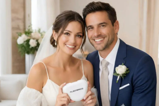 A bride holding ALIGNERCO Clear Aligners