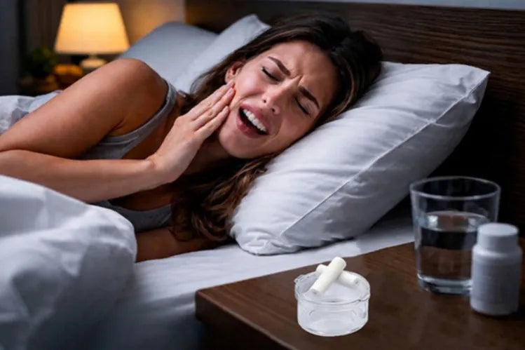 Person struggling to sleep at night due to clear aligner pain.