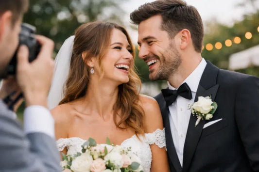  A bride and groom laughing freely with straight teeth while getting their photoshoot done