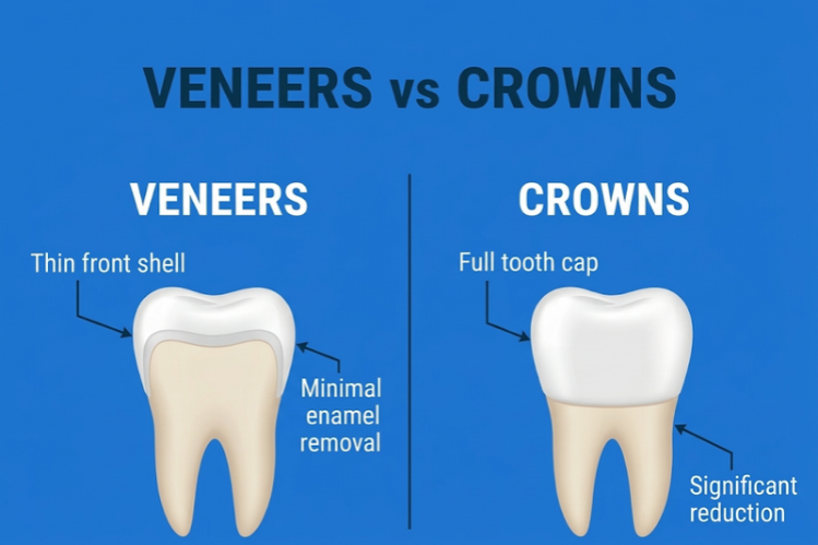 Infographic comparing dental veneers and crowns