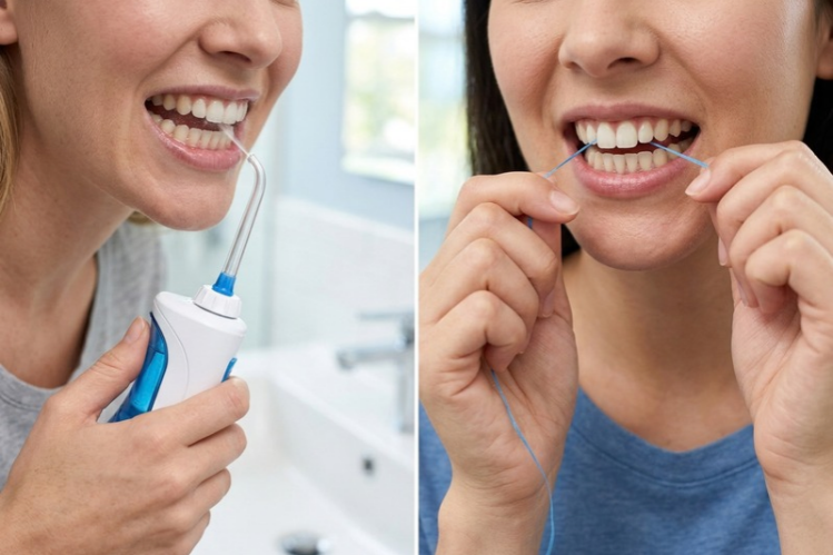 Side-by-side of a woman using a water flosser and string floss