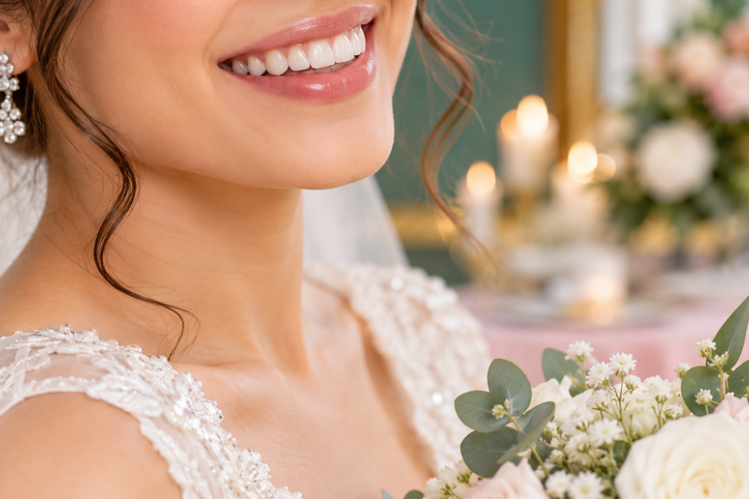Smiling bride with a confident straight smile at her wedding reception