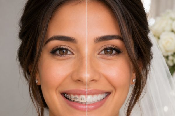 Split-face portrait of a woman wearing metal braces on one side and clear aligners on the other.