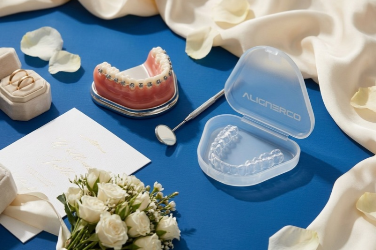 Clear aligners, case, dental model and wedding flowers on a blue background