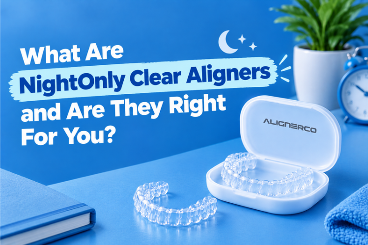 ALIGNERCO aligner case and clear aligners beside a book and clock