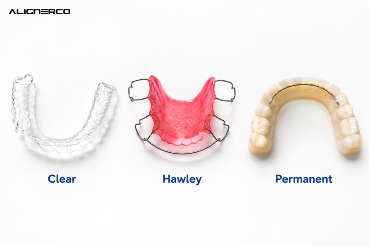 Clear, Hawley, and permanent teeth retainers placed side by side on a white surface