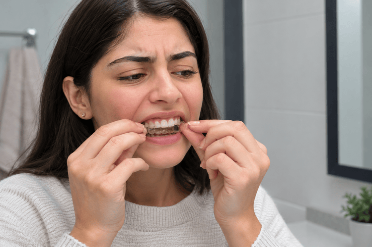 A person trying to wear old aligners.