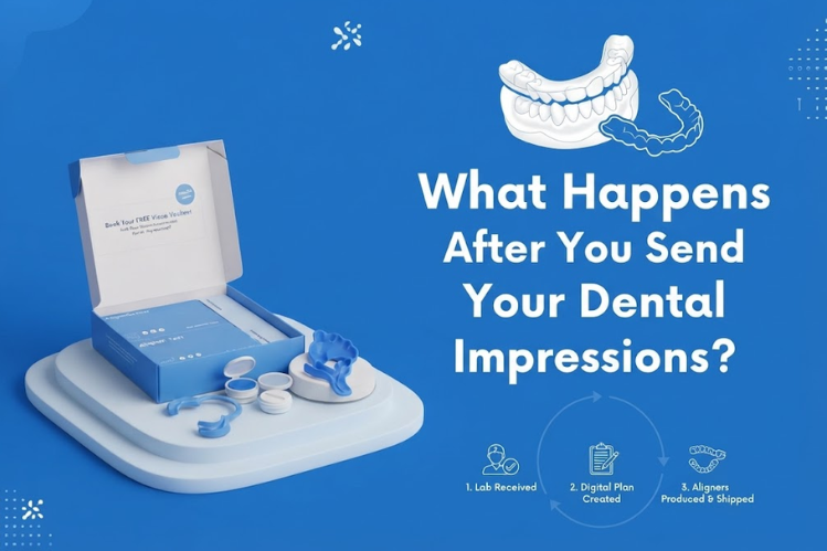 Dental impression kit box with clear aligners on blue background