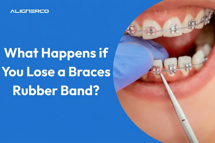 Dentist using a tool to adjust braces rubber bands on a patient's teeth