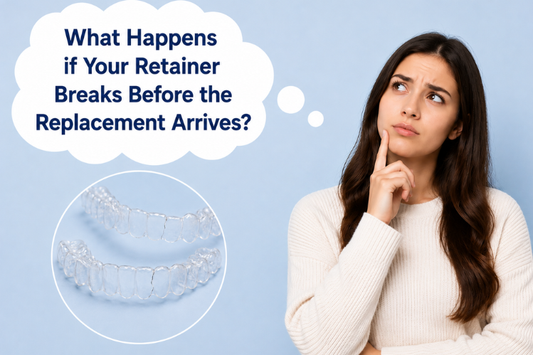 A girl on a blue background wondering about broken retainers.