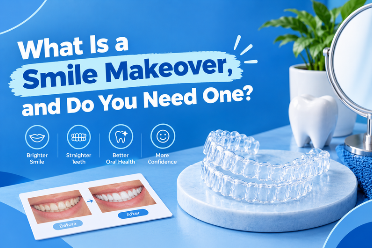 Clear aligners beside before and after smile photos and a tooth model