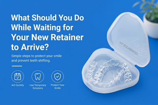 Clear retainer in its case with tips for waiting for a new retainer