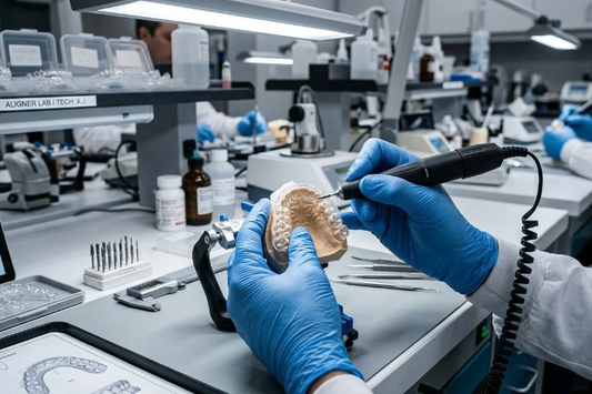 Dental technician working on a teeth model in a dental lab