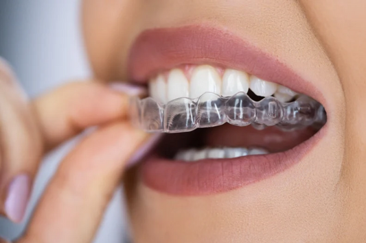 A close-up of a girl applying clear aligners
