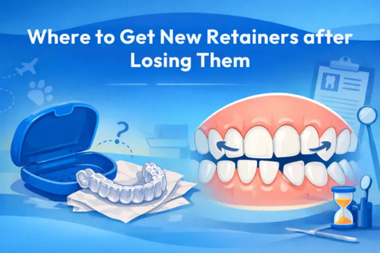 An illustration showing a clear retainer in a case, teeth with arrows indicating movement, and dental tools on a blue background.