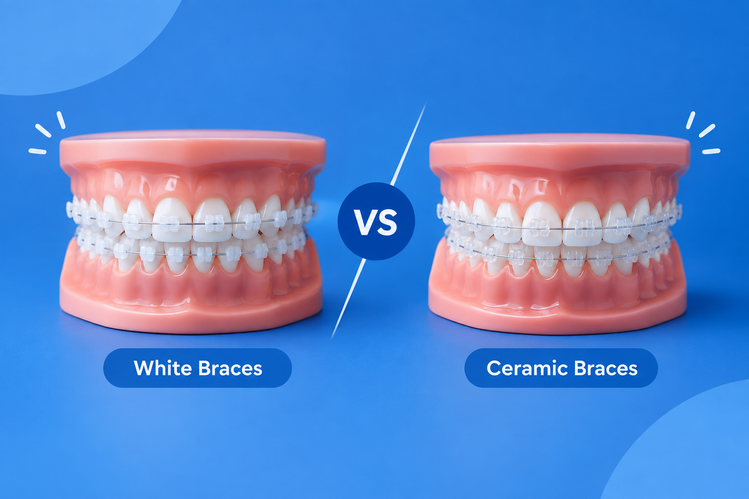 Two dental models comparing white braces and ceramic braces side by side