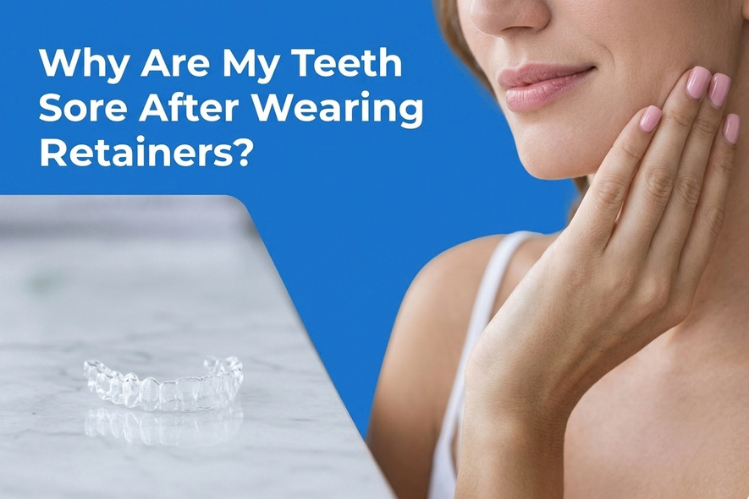  A girl is feeling teeth sore after wearing retainers