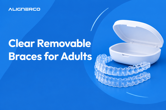 Clear removable aligners beside a white aligner case on a blue background