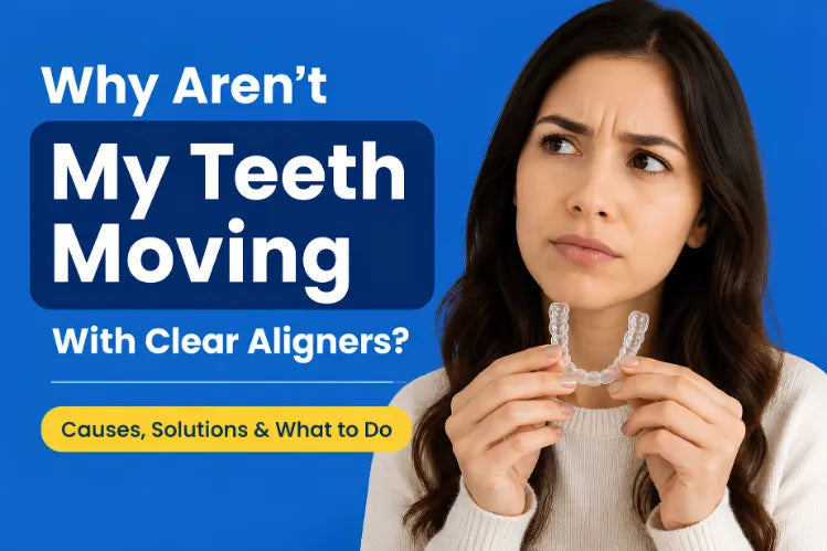 A woman holding a clear aligner with both hands and a wondering expression.