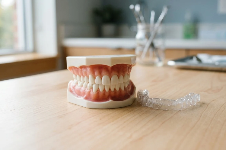 Dental model and clear aligners on a wooden table in a bright room