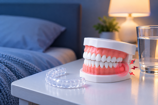 Dental model with clear aligner on a bedside table for nighttime teeth pain