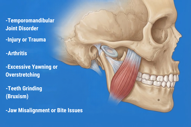 Illustrated skull with a list of common causes of jaw popping